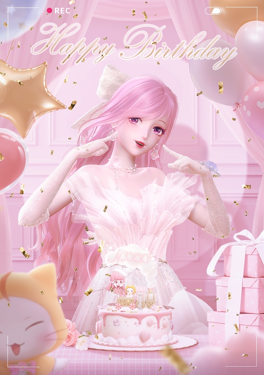 3d balloon blurry blurry_foreground cake chinese_commentary collarbone commentary_request dress earrings elbow_gloves food gift gloves happy_birthday highres indoors jewelry lips lipstick long_hair looking_at_viewer makeup momo_(miracle_nikki) necklace nikki_(miracle_nikki) official_art parted_lips pink_eyes pink_hair pointing pointing_at_self recording shining_nikki table wall white_dress white_gloves