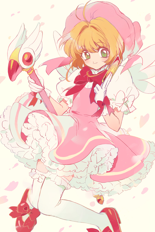 1girl akiyama_enma antenna_hair beret blush bow brown_hair cardcaptor_sakura cherry_blossoms closed_mouth clow_card commentary_request dress falling_petals frilled_thighhighs frills full_body fuuin_no_tsue gloves green_eyes hat holding holding_wand kinomoto_sakura looking_at_viewer magical_girl petals petticoat pink_dress pink_headwear puffy_short_sleeves puffy_sleeves red_bow red_footwear shoes short_hair short_sleeves smile solo thigh-highs wand white_gloves white_thighhighs white_wings wings