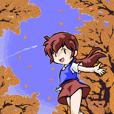 13th_coffin 1girl :d autumn autumn_leaves blue_sky day dithering falling_leaves jaggy_lines leaf low_ponytail lowres oekaki original outdoors ponytail red_skirt redhead short_sleeves sidelocks skirt sky smile solo tree
