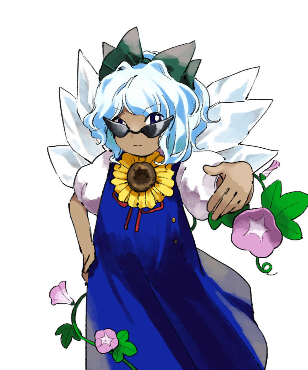 1girl blue_dress cirno closed_mouth collared_shirt commentary_request dress flat_chest flower green_ribbon grey_hair hair_ribbon hand_on_own_hip hand_up highres ice ice_wings kaigen_1025 medium_hair morning_glory neck_ribbon phantasmagoria_of_flower_view pinafore_dress pink_flower puffy_short_sleeves puffy_sleeves red_ribbon ribbon shirt short_sleeves simple_background sleeveless sleeveless_dress sunflower sunglasses tan tanned_cirno touhou white_background white_shirt wings