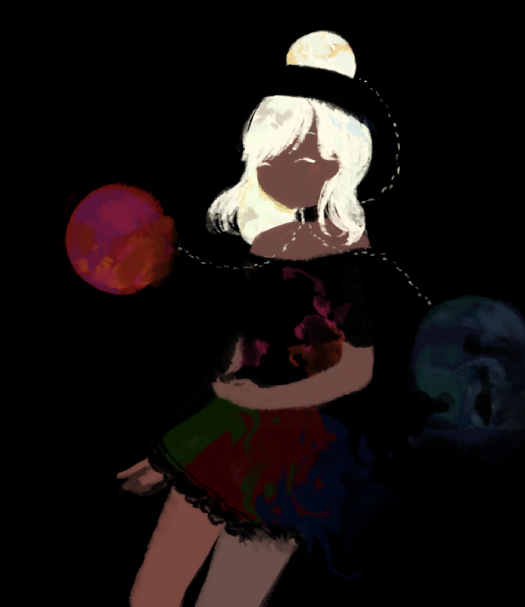 1girl alternate_hair_color black_background black_choker black_shirt choker closed_eyes commentary_request cowboy_shot dark glowing glowing_hair hecatia_lapislazuli kaigen_1025 lace-trimmed_skirt lace_trim miniskirt multicolored_clothes multicolored_skirt no_lineart no_mouth no_nose off-shoulder_shirt off_shoulder shirt short_sleeves simple_background skirt touhou white_hair