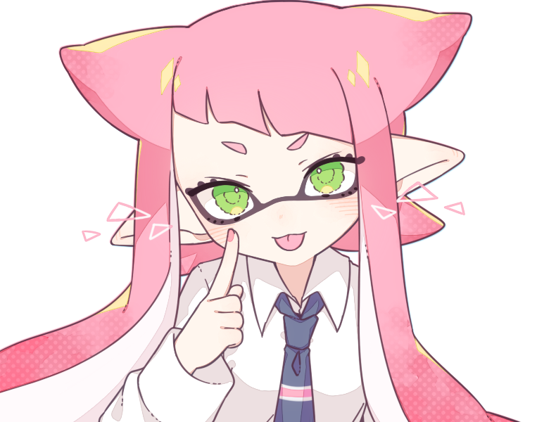 1girl blue_necktie collared_shirt diagonal_bangs eyelashes finger_to_cheek green_eyes inkling inkling_girl inuowour long_hair looking_at_viewer necktie pink_hair pointy_ears shirt solo splatoon_(series) tentacle_hair tongue tongue_out transparent_background upper_body white_shirt