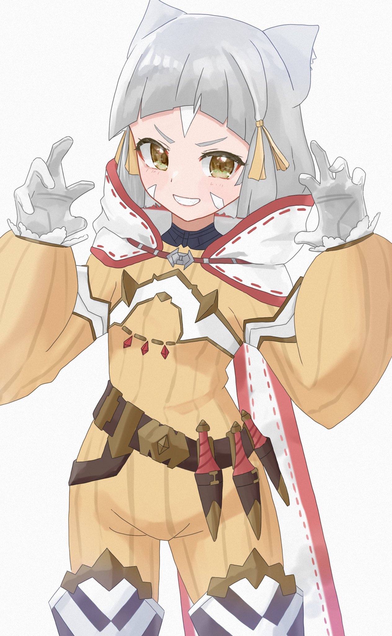 1girl blush bodysuit brown_bodysuit brown_eyes commentary_request facial_mark gloves grey_background grey_hair grin hands_up highres long_sleeves looking_at_viewer nia_(xenoblade) puffy_long_sleeves puffy_sleeves simple_background sleeves_past_wrists smile solo standing tokireno v-shaped_eyebrows white_gloves xenoblade_chronicles_(series) xenoblade_chronicles_2