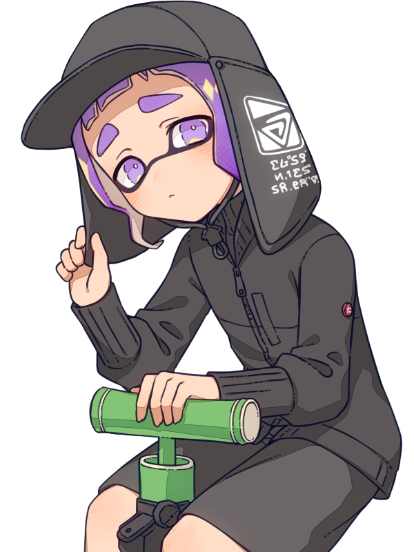 1girl bamboozler_14_(splatoon) black_headwear black_jacket black_shorts closed_mouth commentary_request hat inkling inkling_girl inuowour invisible_chair jacket purple_hair short_hair shorts simple_background sitting solo splatoon_(series) splatoon_3 tentacle_hair thick_eyebrows violet_eyes weapon white_background zipper zipper_pull_tab