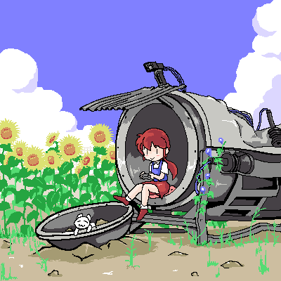 13th_coffin 1girl camera cat clouds corrugated_galvanised_iron_sheet day dithering flower jaggy_lines low_ponytail lowres oekaki original plant red_footwear red_skirt security_camera sitting skirt smile solo sunflower vines