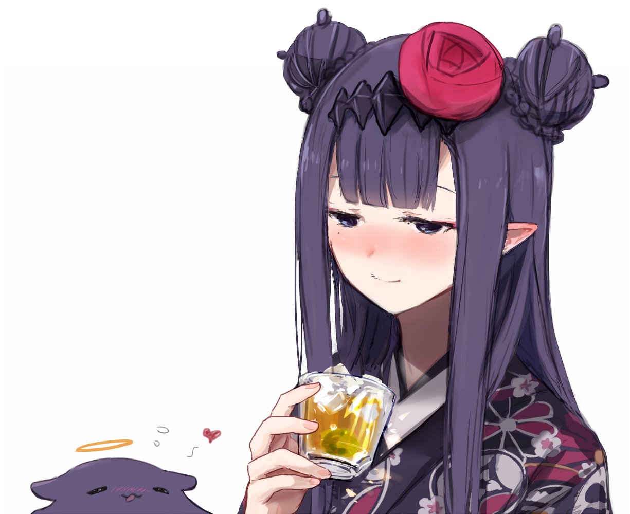 1girl alcohol blue_eyes blunt_bangs commentary cup diamond_hairband double_bun drinking_glass drunk hair_bun halo heart hololive hololive_english ice ice_cube japanese_clothes kimono long_hair mole mole_under_eye ninomae_ina'nis ninomae_ina'nis_(new_year) octopus pointy_ears print_kimono purple_hair shot_glass sidelocks simple_background smile straight_hair symbol-only_commentary takodachi_(ninomae_ina'nis) very_long_hair virtual_youtuber white_background yuuyu_(777)