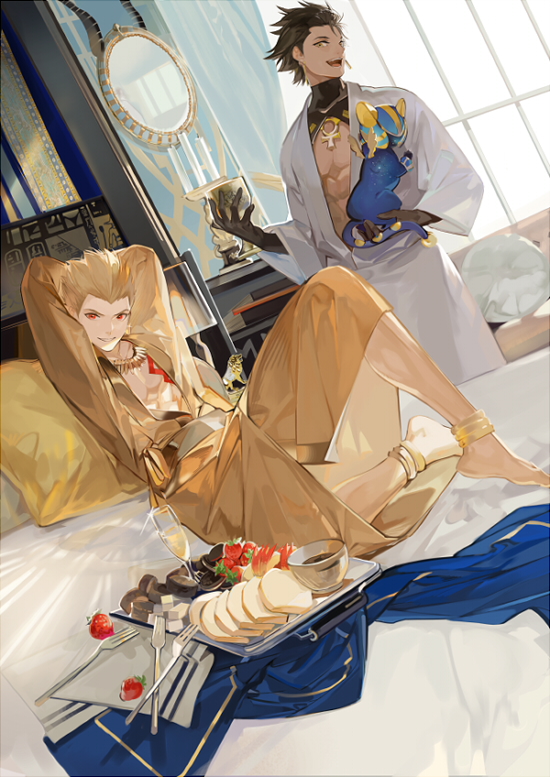 2boys :d abs alcohol animal anklet apple apple_rabbit arms_behind_head barefoot bathrobe black_gloves black_hair blanket blonde_hair bread bread_slice candelabra candle candlestand chalice champagne champagne_flute chocolate coffee cowboy_shot cup curtains cushion dark-skinned_male dark_skin day drinking_glass fate/grand_order fate_(series) food food_art fork fruit full_body gilgamesh_(fate) gloves gold_necklace hair_slicked_back holding holding_animal holding_cup hotel_room indoors jewelry lion_cub male_focus mirror multiple_boys napkin necklace nineo official_art on_bed ozymandias_(fate) parted_lips pillow reclining red_eyes short_hair shrug_(clothing) smile spiky_hair standing strawberry toast toned toned_male tray v-shaped_eyebrows window yellow_eyes