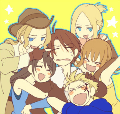 3boys 3girls annoyed arm_hug arm_warmers arms_up black_gloves black_hair black_jacket blue_eyes blue_jacket blue_shirt blush_stickers brown_coat brown_gloves brown_hair brown_pants closed_eyes coat commentary cowboy_hat dress earrings elbow_gloves elbow_on_another's_shoulder facial_tattoo final_fantasy final_fantasy_viii fingerless_gloves fur-trimmed_jacket fur_trim gloves group_hug hair_bun hand_on_another's_head happy hat high_collar hood hood_down hooded_jacket hug irvine_kinneas jacket jewelry leather_belt long_hair long_sleeves low_ponytail lowres multiple_boys multiple_girls nandakk_kato open_clothes open_jacket open_mouth outstretched_arms pants pink_shirt pointing pointing_at_another ponytail quistis_trepe rinoa_heartilly scar scar_on_face selphie_tilmitt shirt short_hair sidelocks simple_background smile spiky_hair squall_leonhart standing star_(symbol) stud_earrings sweatdrop tattoo tribal_tattoo upper_body white_shirt yellow_background yellow_dress yellow_theme zell_dincht