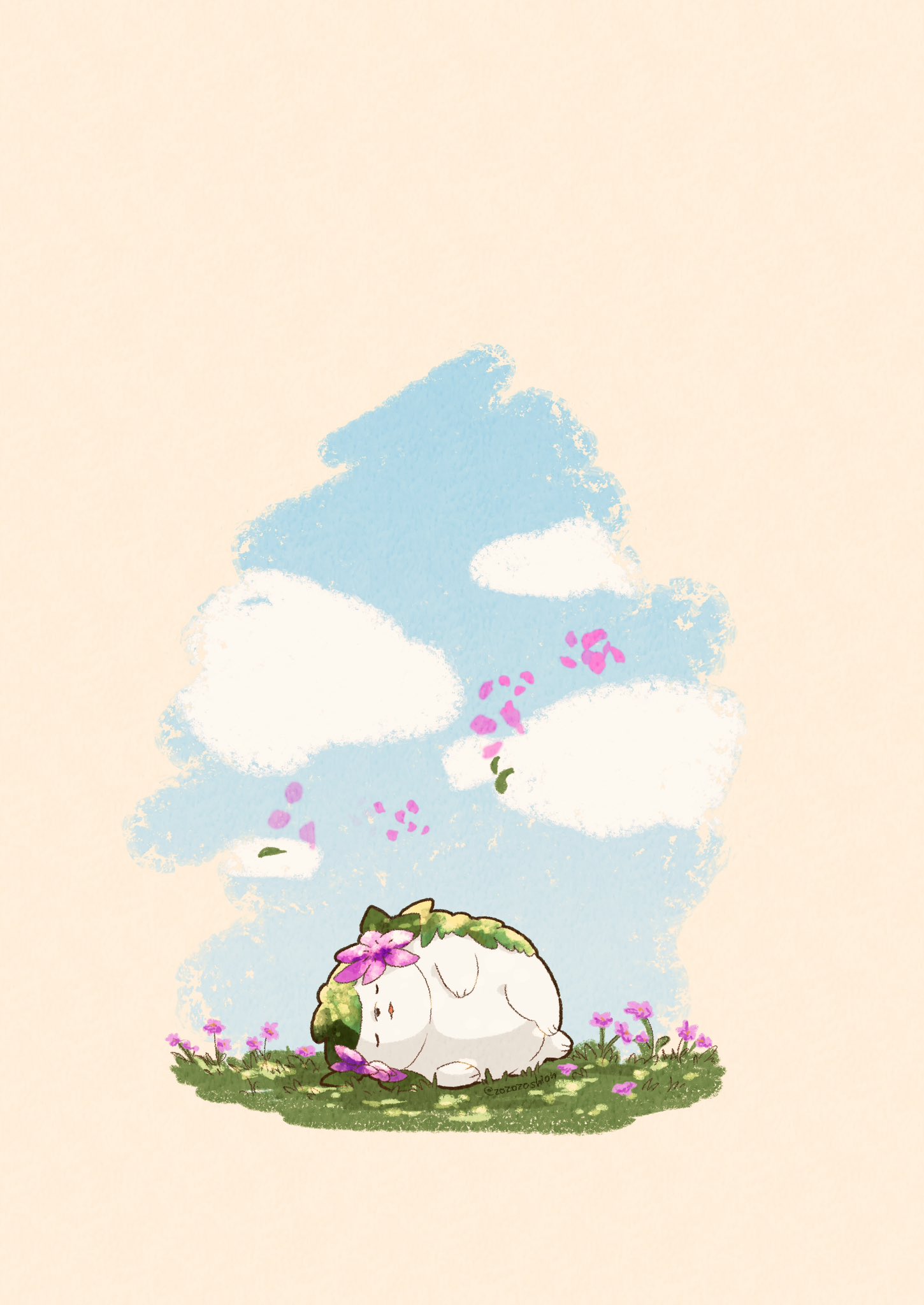 animal_focus artist_name blue_sky clouds commentary_request flower highres lying no_humans on_grass on_side pokemon pokemon_(creature) shaymin shaymin_(land) simple_background sky sleeping twitter_username white_background zozozoshion