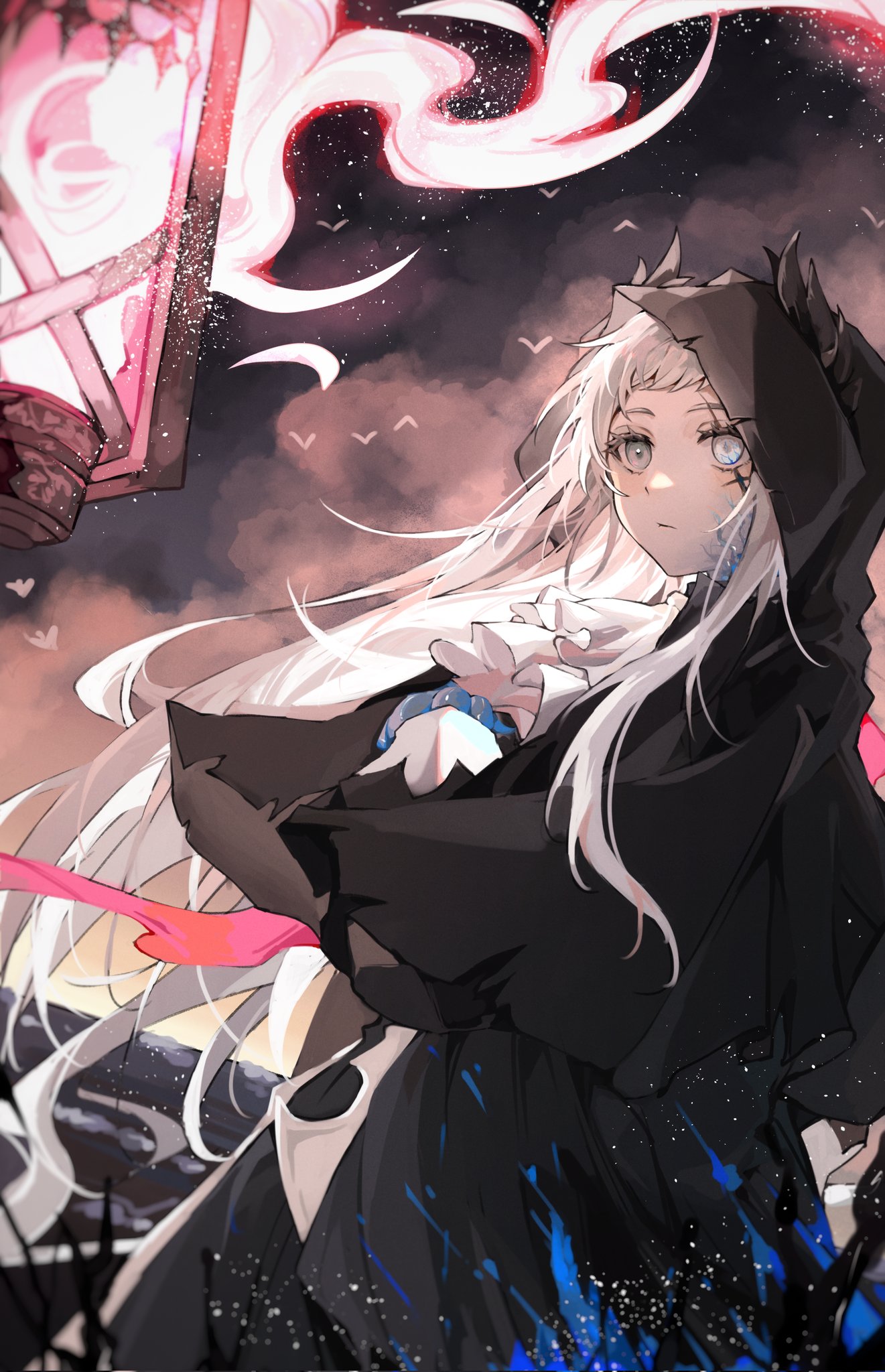 1girl arknights ascot bird black_capelet blood blue_blood capelet closed_mouth fire hand_up head_wings highres hood hood_up hooded_capelet irene_(arknights) lantern long_hair long_sleeves night ocean outdoors pink_fire puffy_long_sleeves puffy_sleeves solo spoilers uncleko5 very_long_hair white_ascot white_eyes white_hair wings
