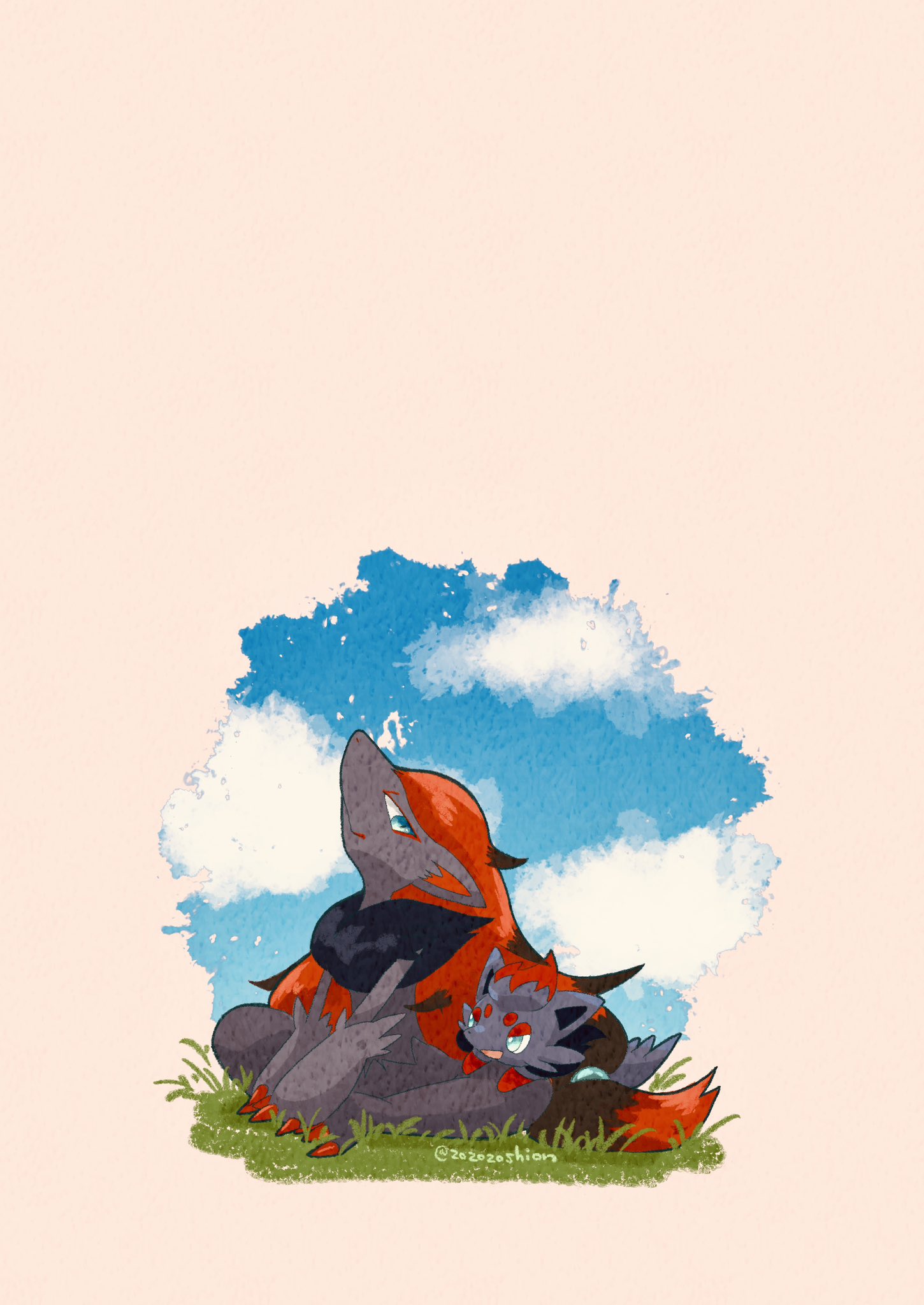 animal_focus artist_name blue_eyes blue_sky clouds commentary_request evolutionary_line grey_fur highres long_hair no_humans on_grass pokemon pokemon_(creature) simple_background sky snout twitter_username white_background zoroark zorua zozozoshion