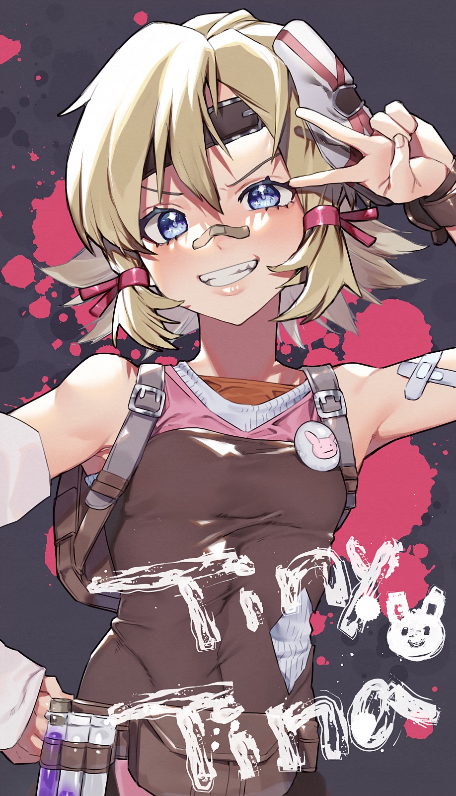 1girl backpack bag bandage_on_face bandages bandaid bandaid_on_arm bandaid_on_face bandaid_on_nose blonde_hair blue_eyes borderlands_(series) breasts character_name clothing_cutout covered_navel detached_sleeves fanny_pack hair_between_eyes hair_tie highres layered_shirt looking_at_viewer mask mask_on_head murata_tefu open_mouth paint_splatter petite short_hair single_detached_sleeve small_breasts smile tank_top tiny_tina v vial