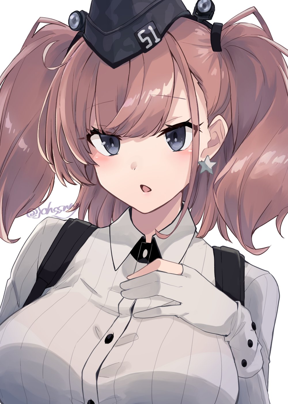 1girl atlanta_(kancolle) black_headwear blush breasts brown_hair dress_shirt earrings garrison_cap gloves grey_eyes hair_ornament hand_on_own_chest hat highres jewelry johssnny kantai_collection large_breasts long_hair long_sleeves open_mouth shirt simple_background single_earring solo star_(symbol) star_earrings twitter_username two_side_up white_gloves white_shirt