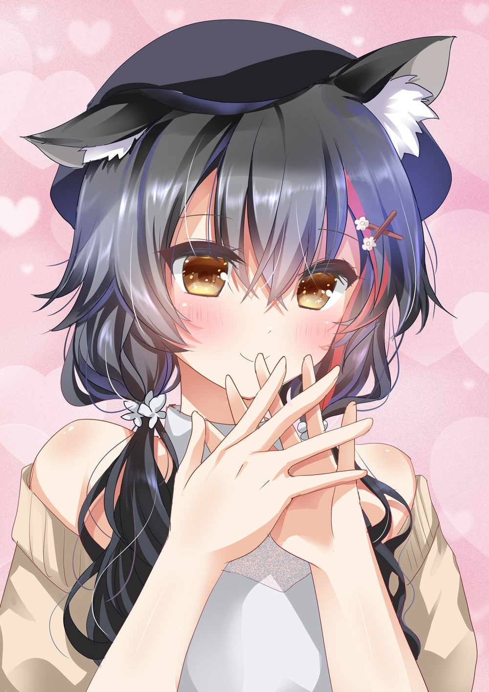 1girl animal_ear_fluff animal_ears asahina_yori black_hair black_headwear blush brown_sweater close-up closed_mouth commentary_request crossed_bangs eyes_visible_through_hair hair_between_eyes hair_ornament hair_scrunchie hairclip hands_up happy heart heart_background highres hololive long_hair looking_at_viewer low_twintails multicolored_hair off-shoulder_sweater off_shoulder official_alternate_costume ookami_mio ookami_mio_(5th_costume) own_hands_together pink_background redhead scrunchie simple_background smile solo streaked_hair sweater twintails virtual_youtuber white_scrunchie wolf_ears wolf_girl x_hair_ornament