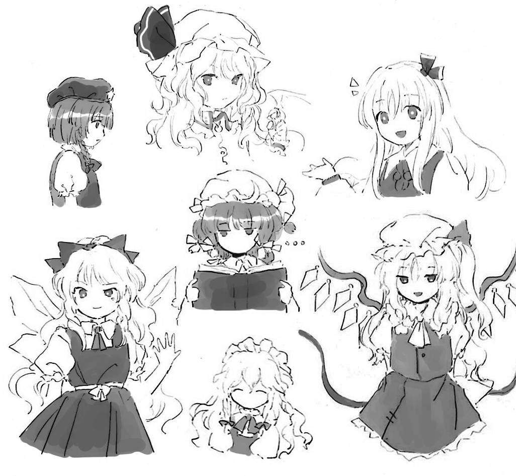 ... 6+girls alternate_hair_length alternate_hairstyle book bow braid collared_shirt commentary_request dress embodiment_of_scarlet_devil flandre_scarlet flat_chest greyscale hair_bow hair_ribbon hand_up hat hat_ornament hat_ribbon holding holding_book hong_meiling izayoi_sakuya kaigen_1025 long_sleeves maid_headdress mob_cap monochrome multiple_girls neck_ribbon patchouli_knowledge pinafore_dress puffy_short_sleeves puffy_sleeves remilia_scarlet ribbon rumia shirt short_hair short_sleeves simple_background skirt sleeveless sleeveless_dress star_(symbol) star_hat_ornament touhou vest white_background wings