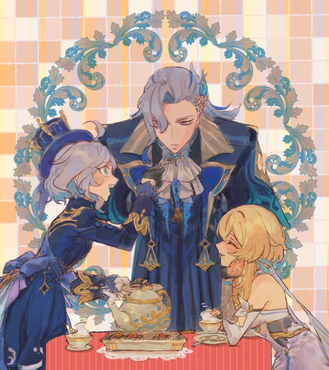 1boy 2girls ascot black_gloves blonde_hair blue_bow blue_eyes blue_hair blue_headwear blue_jacket blush bow cake cake_slice closed_eyes cup feather_hair_ornament feathers feeding fingernails food furina_(genshin_impact) genshin_impact gloves hair_ornament hand_on_own_face hat highres holding holding_cup holding_spoon jacket long_hair lower_teeth_only lumine_(genshin_impact) multicolored_hair multiple_girls neuvillette_(genshin_impact) open_mouth plate sidelocks smile spoon streaked_hair sundayauruu table teapot teeth top_hat two-tone_hair upper_teeth_only violet_eyes white_ascot white_hair