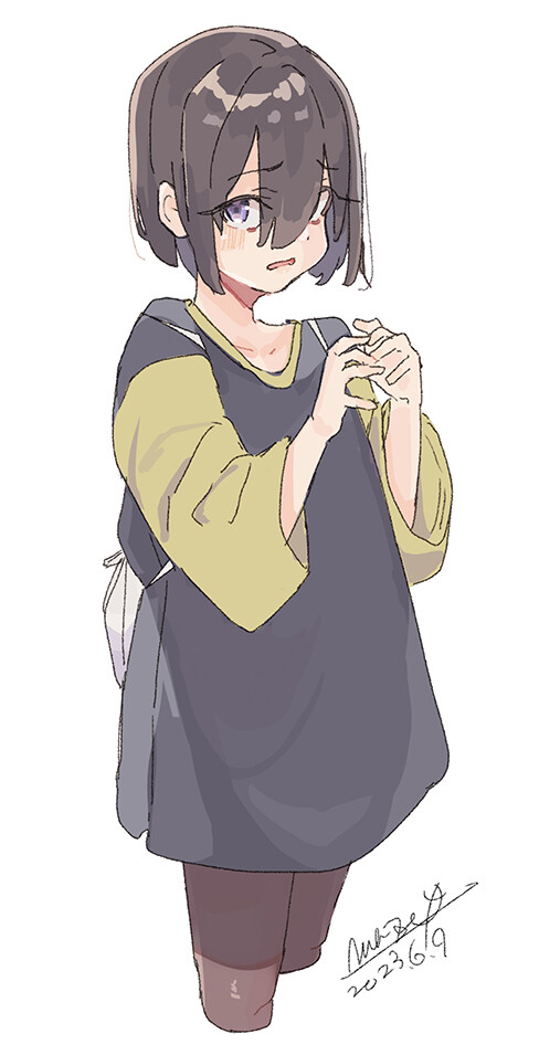 1girl backpack bag black_hair black_pants cropped_legs dated eyelashes hair_over_eyes maze_(gochama_ze_gohan) open_mouth original oversized_clothes oversized_shirt own_hands_together pants shirt shy signature simple_background solo violet_eyes white_background yoga_pants
