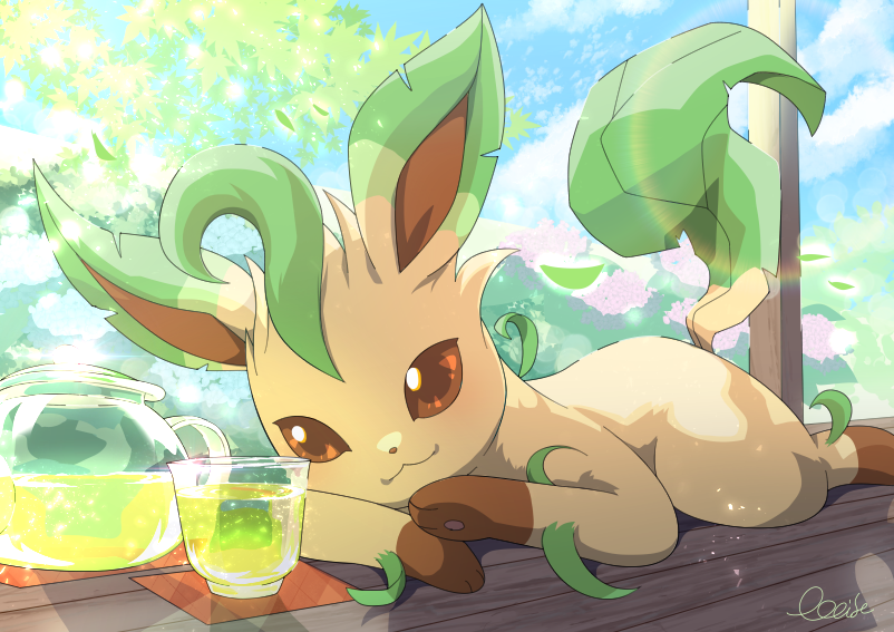 brown_eyes closed_mouth clouds commentary_request cup day glass leafeon lying no_humans oooise pokemon pokemon_(creature) signature sky smile solo teapot