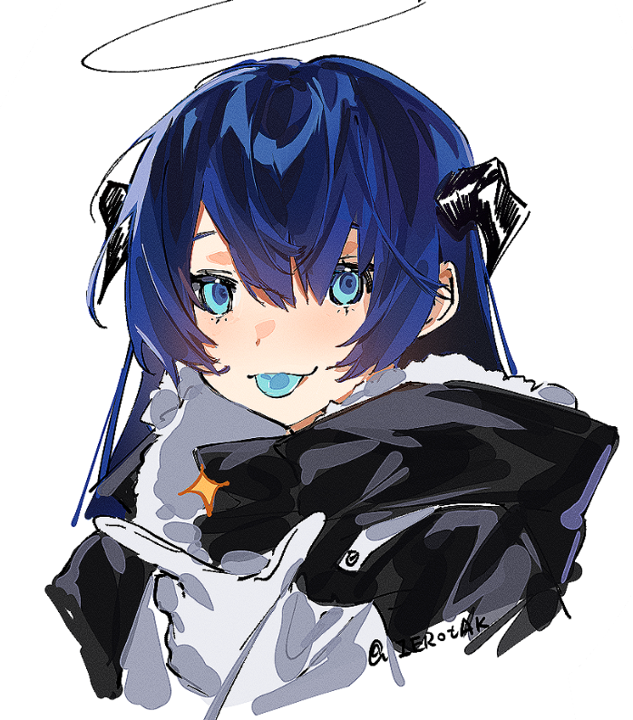 1girl arknights black_halo black_horns black_jacket blue_eyes blue_hair blue_tongue colored_tongue cropped_shoulders fur-trimmed_jacket fur_trim gloves hair_between_eyes halo horns ierotak jacket looking_at_viewer mostima_(arknights) simple_background solo sparkle tongue twitter_username upper_body white_background white_gloves