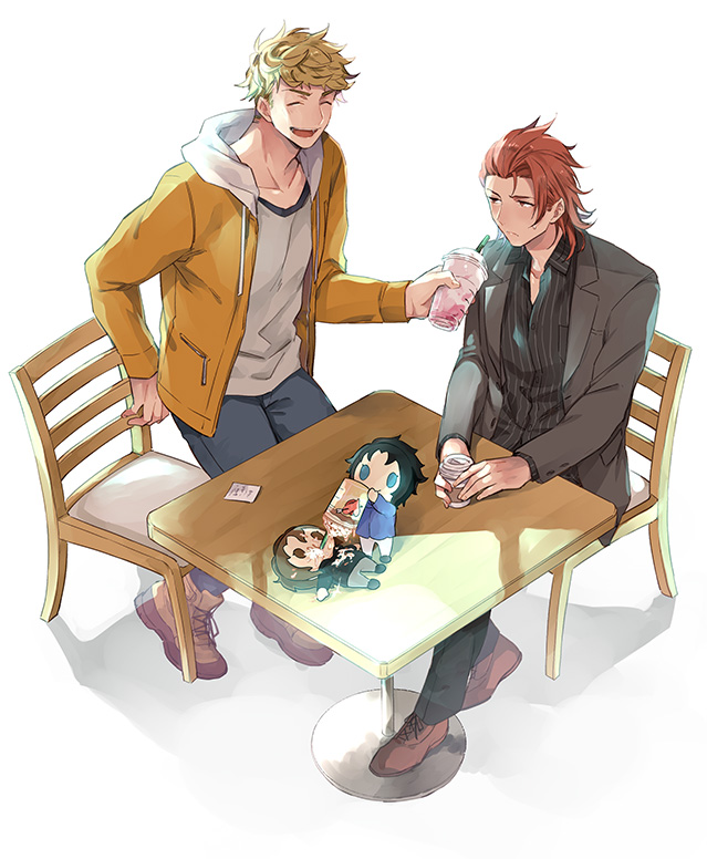 2boys black_pants black_shirt blonde_hair blush character_doll closed_eyes coffee collared_shirt cup disposable_cup granblue_fantasy grey_shirt holding holding_cup jacket lancelot_(granblue_fantasy) looking_at_another male_focus multiple_boys open_clothes open_jacket open_mouth orange_jacket pants percival_(granblue_fantasy) redhead shirt short_hair siegfried_(granblue_fantasy) simple_background sitting smile touya_tsuzuru vane_(granblue_fantasy) white_background