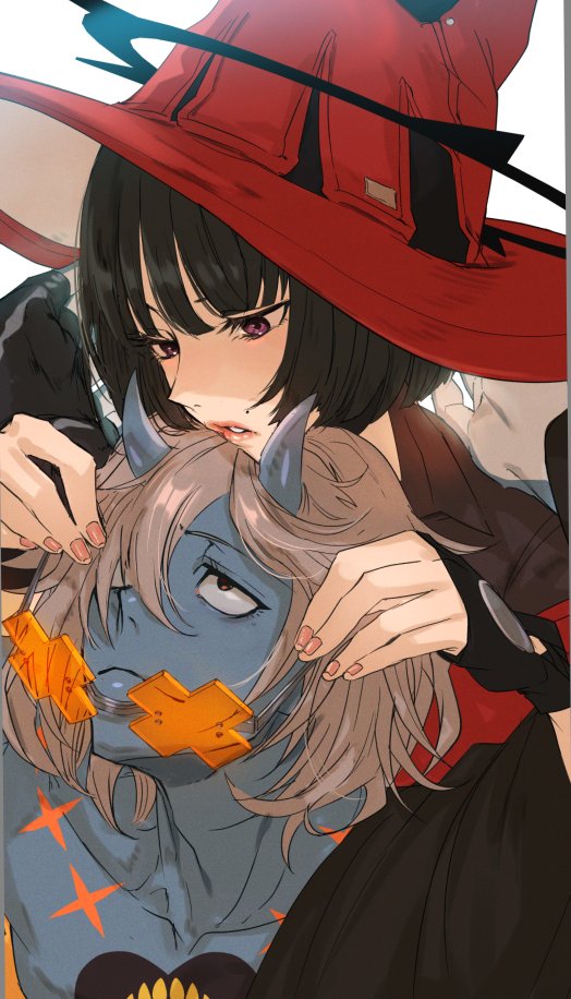 1boy 1girl black_gloves black_hair blue_horns blue_skin chest_tattoo colored_skin fingerless_gloves gloves grey_hair guilty_gear guilty_gear_strive happy_chaos hat heart heart_tattoo hitsuji_kusa horns i-no looking_at_another mole mole_above_mouth orange-tinted_eyewear red_headwear red_lips short_hair tattoo tinted_eyewear violet_eyes witch_hat x-shaped_eyewear