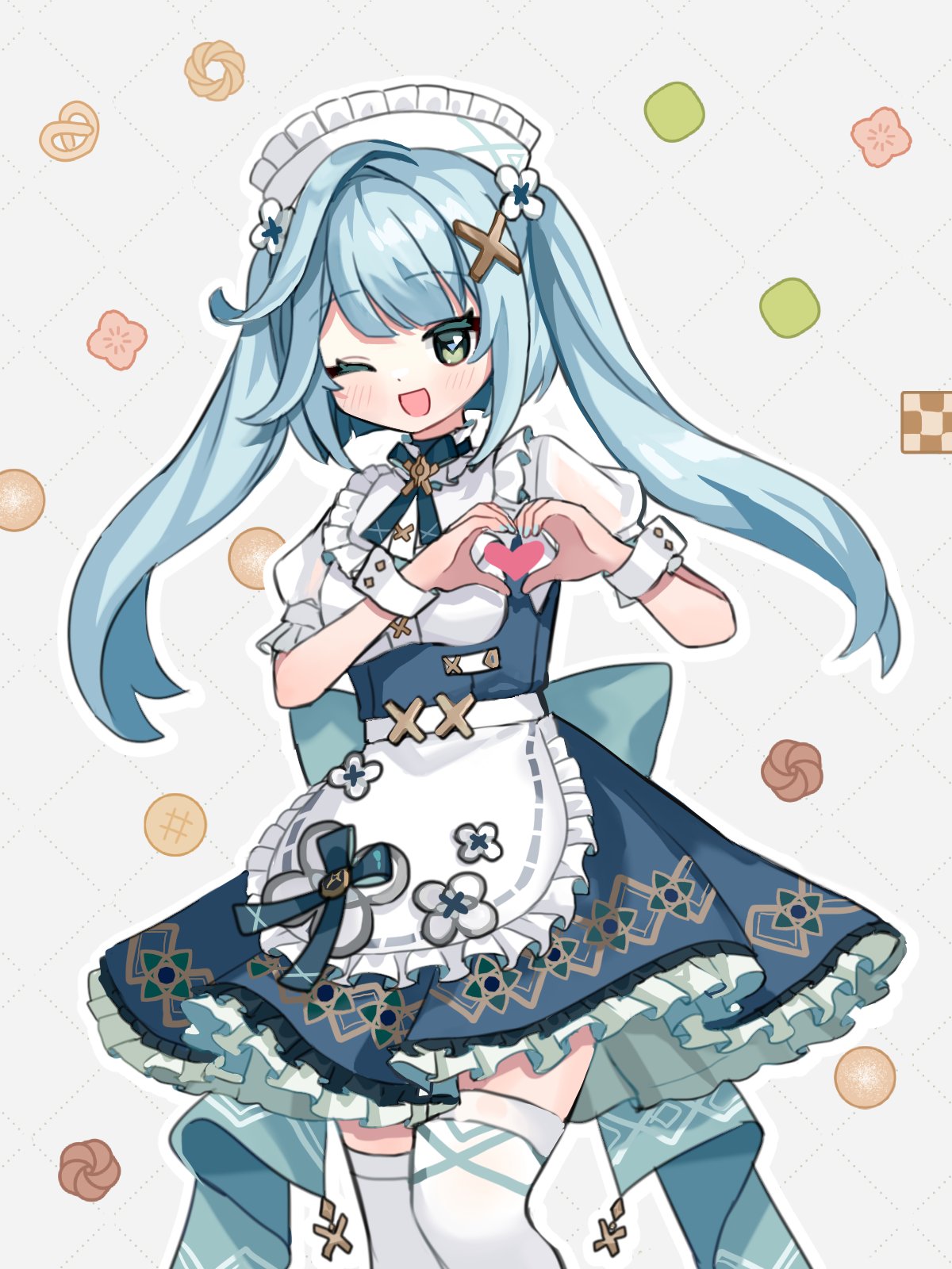 1girl ;d alternate_costume apron aqua_hair blunt_bangs commentary cookie english_commentary enmaided faruzan_(genshin_impact) food frilled_apron frilled_skirt frills full_body genshin_impact green_eyes hair_ornament heart heart_hands highres long_hair looking_at_viewer maid maid_apron maid_headdress miyako_draw moe_moe_kyun! one_eye_closed short_sleeves sidelocks simple_background skirt smile solo symbol-shaped_pupils thigh-highs twintails white_background white_thighhighs wrist_cuffs x_hair_ornament zettai_ryouiki