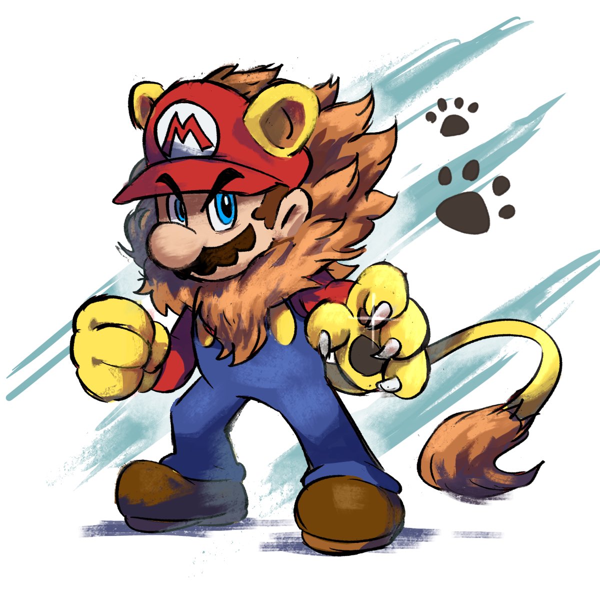 1boy animal_ears blue_eyes blue_overalls boots brown_footwear brown_hair facial_hair full_body hat highres lion_boy lion_ears lion_mane lion_paw lion_tail looking_at_viewer mari_luijiroh mario mustache overalls paw_print red_headwear red_shirt shirt short_hair solo super_mario_bros. tail white_background