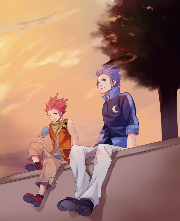 2boys aged_down bandana bandana_around_neck black_footwear blue_hair blue_jacket brown_pants child clouds cloudy_sky commentary_request crescent food green_eyes grin hands_on_ground high_collar holding holding_food holding_popsicle isa_(kingdom_hearts) jacket kingdom_hearts kingdom_hearts_birth_by_sleep knee_up lea_(kingdom_hearts) looking_at_another looking_up male_focus minatoya_mozuku multiple_boys open_clothes open_vest orange_sky orange_vest outdoors pants popsicle red_footwear redhead shirt shoes short_hair sitting sky smile tree twilight vest white_pants white_shirt yellow_bandana