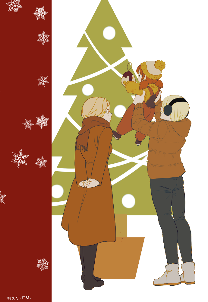 1boy 2girls arms_behind_back artist_name black_footwear blonde_hair boots brown_scarf christmas christmas_ornaments christmas_tree closed_mouth coat_dress commentary_request dress earmuffs enri_emmot full_body jacket knee_boots lifting_person masiro multiple_girls nemu_emmot nfirea_bareare orange_dress orange_hair orange_jacket orange_overalls overalls overlord_(maruyama) own_hands_together pom_pom_beanie red_background scarf short_hair short_twintails simple_background smile snowflake_print twintails two-tone_background white_background white_footwear