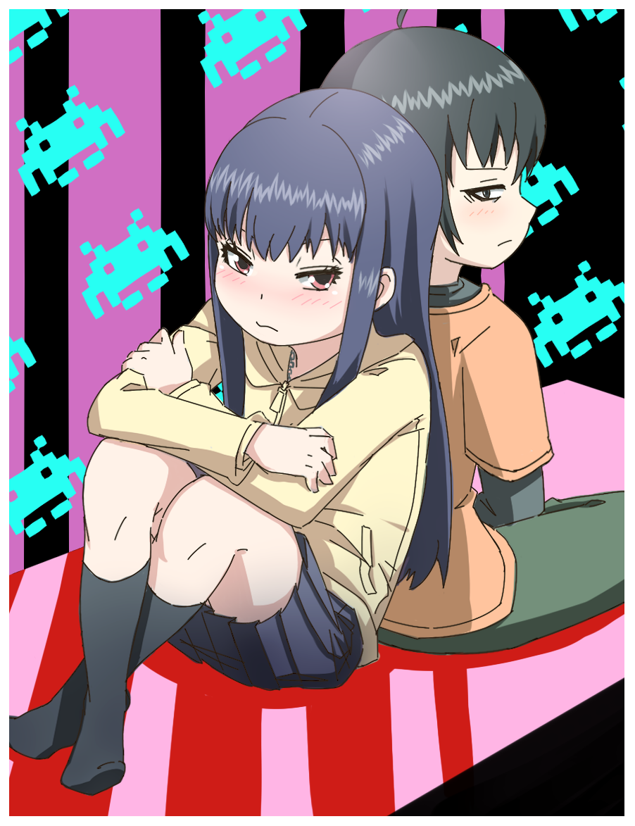 1boy 1girl back-to-back black_hair black_shirt black_skirt black_socks blue_hair blush brown_shirt closed_mouth commentary_request crossed_arms crossed_legs green_pants high_score_girl hood hood_down hooded_jacket jacket knees_up kuro_kosyou layered_sleeves long_hair long_sleeves looking_at_viewer no_shoes oono_akira pants pixelated pleated_skirt profile red_eyes shirt short_over_long_sleeves short_sleeves sitting skirt socks very_long_hair yaguchi_haruo yellow_jacket