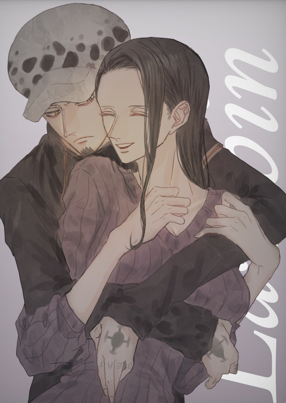 1boy 1girl black_coat black_hair breasts closed_eyes closed_mouth coat commentary_request couple earrings facial_hair fur_hat goatee hand_tattoo hat hetero highres hug jewelry large_breasts long_hair looking_at_another nico_robin nsgw one_piece short_hair smile sweater tattoo teeth trafalgar_law yellow_eyes