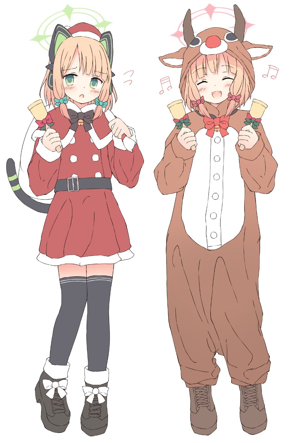 2girls :o animal_ear_headphones animal_ears bell belt black_belt black_footwear black_thighhighs blue_archive blush bow brown_footwear buttons capelet cat_ear_headphones cat_tail closed_eyes commentary deer_costume deer_ears deer_hood dot_nose embarrassed fake_animal_ears flying_sweatdrops footwear_bow full_body fur-trimmed_capelet fur_trim green_bow green_eyes halo hands_up happy hat headphones highres holding holding_bell holding_sack kamotsu_yasai light_brown_hair long_sleeves looking_at_viewer midori_(blue_archive) momoi_(blue_archive) multiple_girls musical_note open_mouth red_bow red_capelet red_headwear sack santa_costume santa_hat short_hair siblings sidelocks sisters smile standing tail teeth thigh-highs thighs upper_teeth_only white_background white_bow