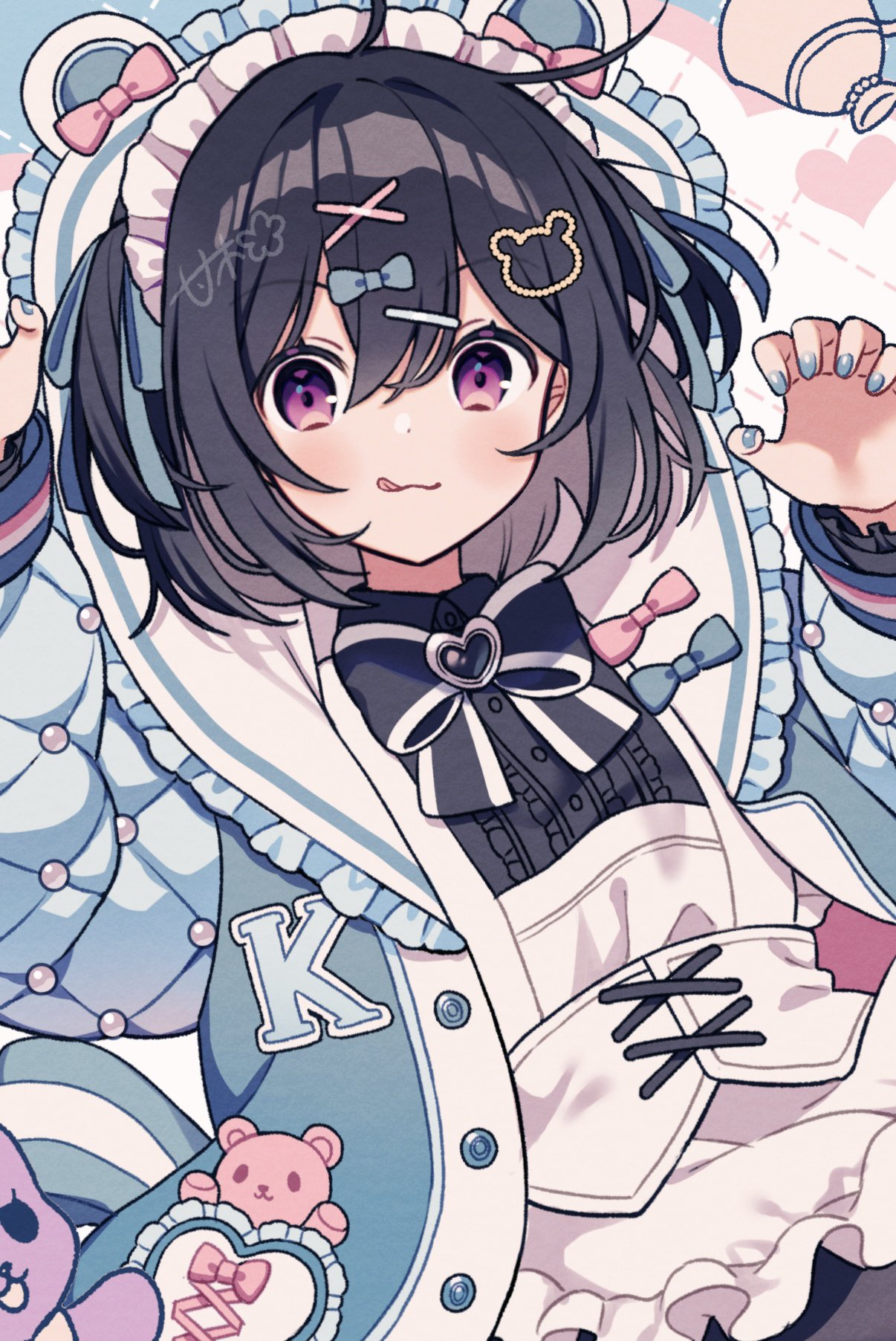 1girl :3 :d ahoge amagi_hana animal_ears apron argyle argyle_background bear bear_ears bear_hair_ornament black_bow black_bowtie black_dress black_hair blue_bow blue_jacket blue_nails blue_ribbon blue_sleeves bow bowtie brooch buttons center_frills claw_pose closed_mouth collared_shirt commentary corset cup dress eyelashes frilled_apron frilled_hood frilled_sleeves frills hair_bow hair_ornament hair_ribbon hairclip heart heart_brooch highres hood hood_up hooded_jacket jacket jersey jewelry layered_sleeves light_blush long_sleeves looking_at_viewer nail_polish open_clothes open_jacket original pink_bow pocket ribbon shirt short_hair signature smile solo symbol-only_commentary teacup tongue tongue_out two-sided_fabric two-sided_jacket two_side_up upper_body violet_eyes waist_apron white_apron white_background white_corset white_headdress white_hood white_jacket x_hair_ornament