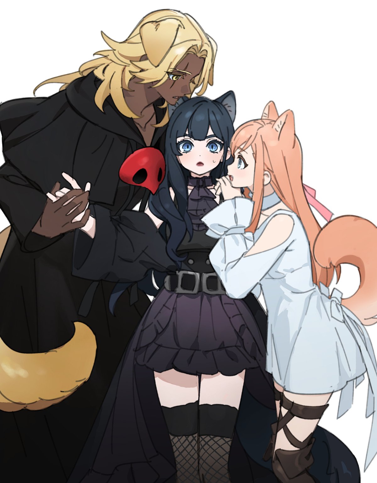 1boy 2girls animal_ears ascot belt black_ascot black_capelet black_dress black_hair black_robe black_thighhighs blonde_hair blue_eyes boots bow boy_and_girl_sandwich brown_footwear capelet cat_girl cat_tail clothing_cutout collarbone commentary dog_boy dog_ears dog_girl dog_tail dress dress_bow feet_out_of_frame final_fantasy final_fantasy_xiv fishnet_thighhighs fishnets gaia_(ff14) highres holding_hands hood hood_down hooded_capelet hyur kemonomimi_mode long_hair long_sleeves looking_at_another mask mask_around_neck mitron_(ff14) multiple_girls nervous open_mouth orange_hair profile robe ryne_waters sandwiched scar scar_across_eye shoulder_cutout simple_background slit_pupils standing straight-on straight_hair sweatdrop symbol-only_commentary tail thigh-highs thigh_boots unworn_mask wavy_hair white_background white_dress wide-eyed wide_sleeves wuliu_heihuo yellow_eyes