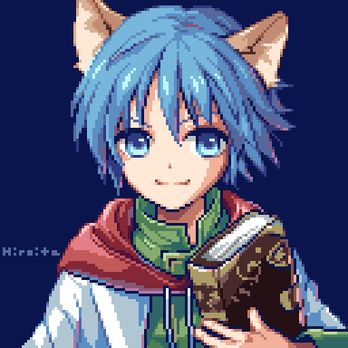 1boy animal_ears blue_background blue_eyes blue_hair book cat_ears drawstring green_shirt hiroita holding holding_book jacket leon_geeste looking_at_viewer lowres male_focus pixel_art red_hood shirt short_hair simple_background smile solo star_ocean star_ocean_the_second_story white_jacket