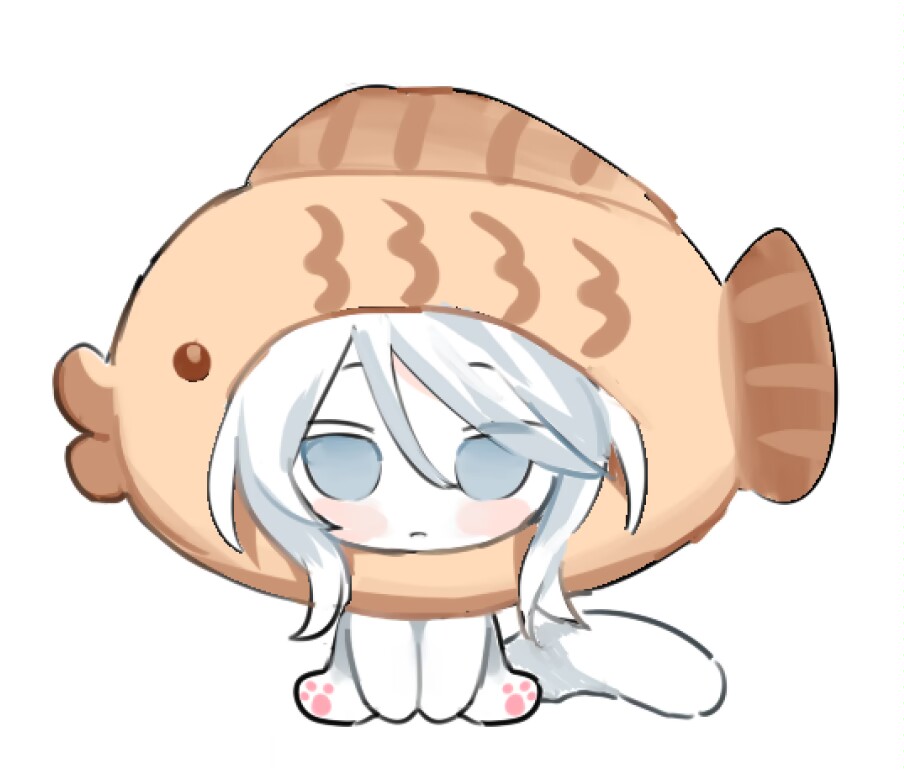 1girl animal_hands blue_eyes cat_tail chibi closed_mouth faust_(project_moon) food limbus_company looking_at_viewer nishiirei9522 project_moon short_hair simple_background sitting solo tail taiyaki wagashi white_background white_hair