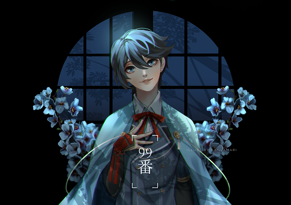 1boy artist_name asymmetrical_hair beatriz_paredes black_background blue_cape blue_eyes blue_hair blue_jacket blue_sleeves bow bowtie bracelet buttons cape collared_shirt commentary double-breasted earrings english_commentary english_text fingernails flower hand_on_own_chest head_tilt horikawa_kunihiro jacket jewelry kanlamari light_blush male_focus mixed-language_text night pink_lips red_bow red_bowtie round_window shirt short_hair short_sleeves smile solo straight-on stud_earrings touken_ranbu tree upper_body vertical-striped_sleeves watermark white_flower white_shirt window