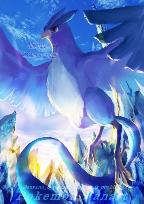 animal_focus articuno artist_name beak bird blue_fur blue_sky clouds commentary_request floating nanami_lusia no_humans pokemon pokemon_(creature) red_eyes sky sunlight tail talons twitter_username watermark white_fur wings