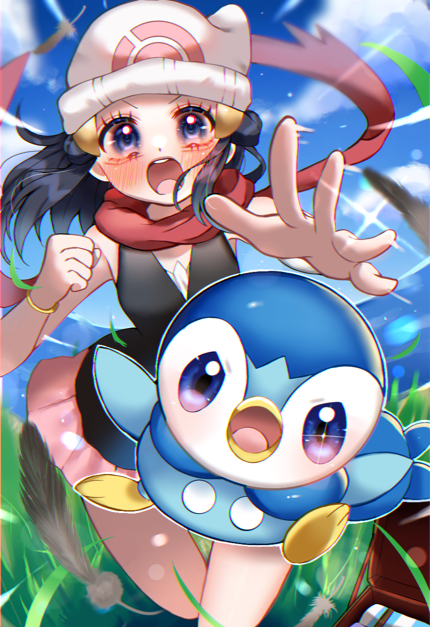 1girl beret black_hair black_shirt blue_eyes blue_sky blush clouds hat highres hikari_(pokemon) looking_at_viewer open_mouth outstretched_hand pink_skirt piplup pokemon pokemon_(creature) pokemon_dppt red_scarf scarf shirt skirt sky sleeveless sleeveless_shirt sobacha teeth upper_teeth_only white_headwear