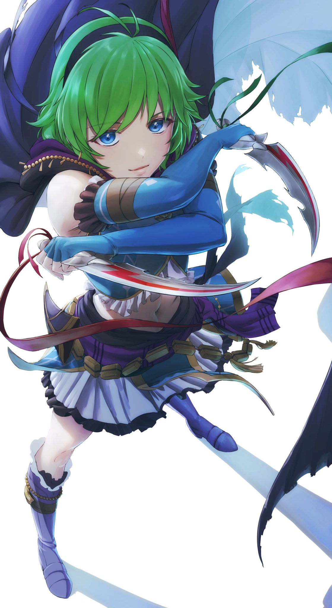 1girl aduti_momoyama antenna_hair black_hairband blue_eyes blue_gloves boots cape closed_mouth commentary_request dagger dual_wielding elbow_gloves fingerless_gloves fire_emblem fire_emblem:_the_blazing_blade fire_emblem_heroes floating_cape gloves green_hair hairband highres holding holding_dagger holding_knife holding_weapon knee_boots knife legs_apart miniskirt navel nino_(fire_emblem) purple_footwear shadow short_hair skirt smile solo standing weapon white_skirt