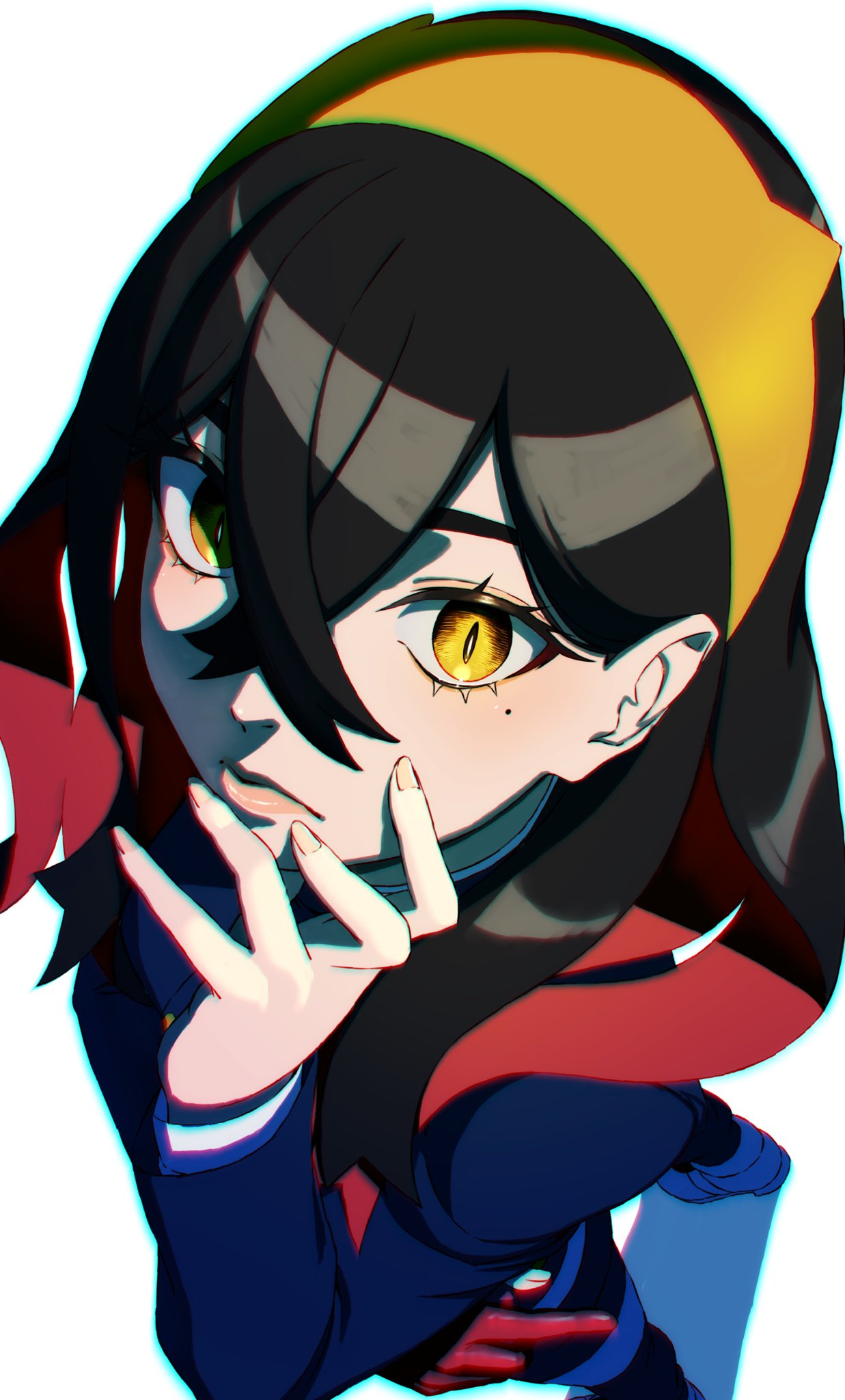 1girl aduti_momoyama black_hair carmine_(pokemon) chromatic_aberration closed_mouth crossed_bangs double-parted_bangs fingernails from_above frown hair_between_eyes hairband highres legs_apart lips long_sleeves mole mole_under_eye multicolored_hair pokemon pokemon_sv redhead shadow simple_background solo standing two-tone_hair white_background yellow_eyes yellow_hairband