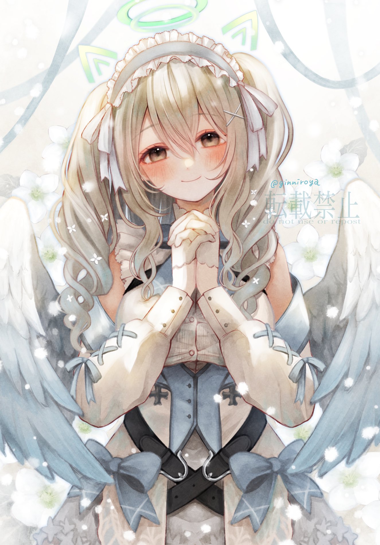 1girl angel belt black_belt blonde_hair blue_bow blue_wings blush bow brown_eyes commentary_request commission detached_sleeves dress feathered_wings ginniroya gradient_wings hair_between_eyes hair_ornament halo highres multicolored_wings nanase_eru own_hands_together skeb_commission smile solo two_side_up varium virtual_youtuber white_dress white_wings wings x_hair_ornament