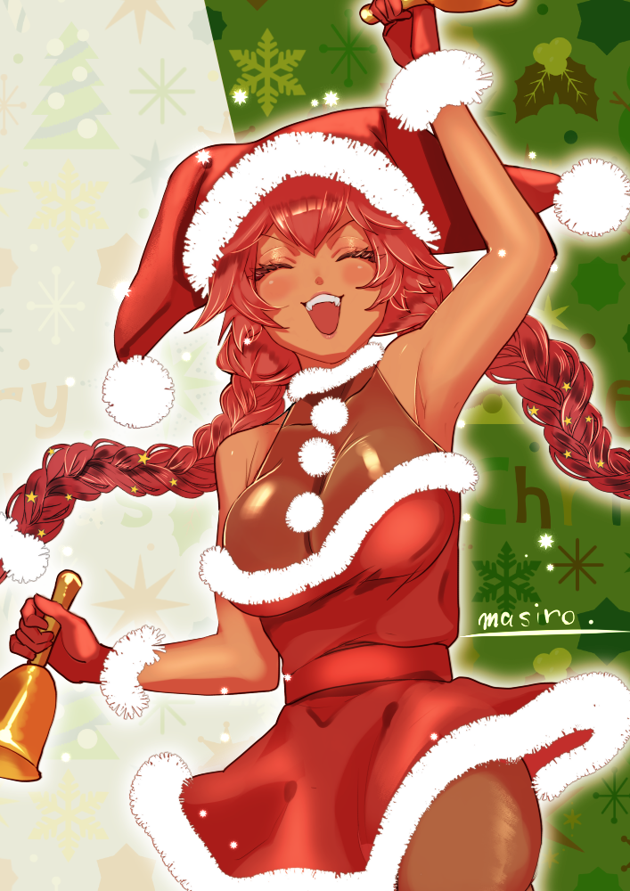 1girl arm_up armpits bell blush braid brown_pantyhose christmas christmas_tree christmas_tree_print closed_mouth commentary_request dark-skinned_female dark_skin dress facing_viewer fangs gloves green_background hair_between_eyes happy hat holding holding_bell jester_cap long_hair lupusregina_beta masiro merry_christmas mistletoe mistletoe_print overlord_(maruyama) pantyhose pom_pom_(clothes) red_dress red_gloves red_headwear redhead santa_hat see-through see-through_dress sleeveless sleeveless_dress snow snowflake_print snowflakes solo star_(symbol) star_print teeth twin_braids twintails two-tone_background upper_teeth_only v-shaped_eyebrows white_background