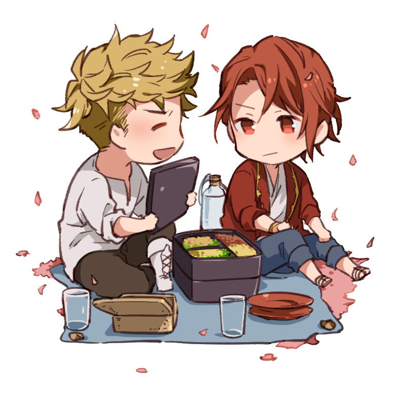 2boys black_pants blonde_hair blue_pants boots chibi closed_eyes cup falling_petals food granblue_fantasy jacket looking_at_another lunchbox male_focus multiple_boys open_clothes open_jacket open_mouth pants percival_(granblue_fantasy) petals picnic plate red_eyes red_jacket redhead sandals shirt short_hair sitting smile touya_tsuzuru vane_(granblue_fantasy) white_shirt