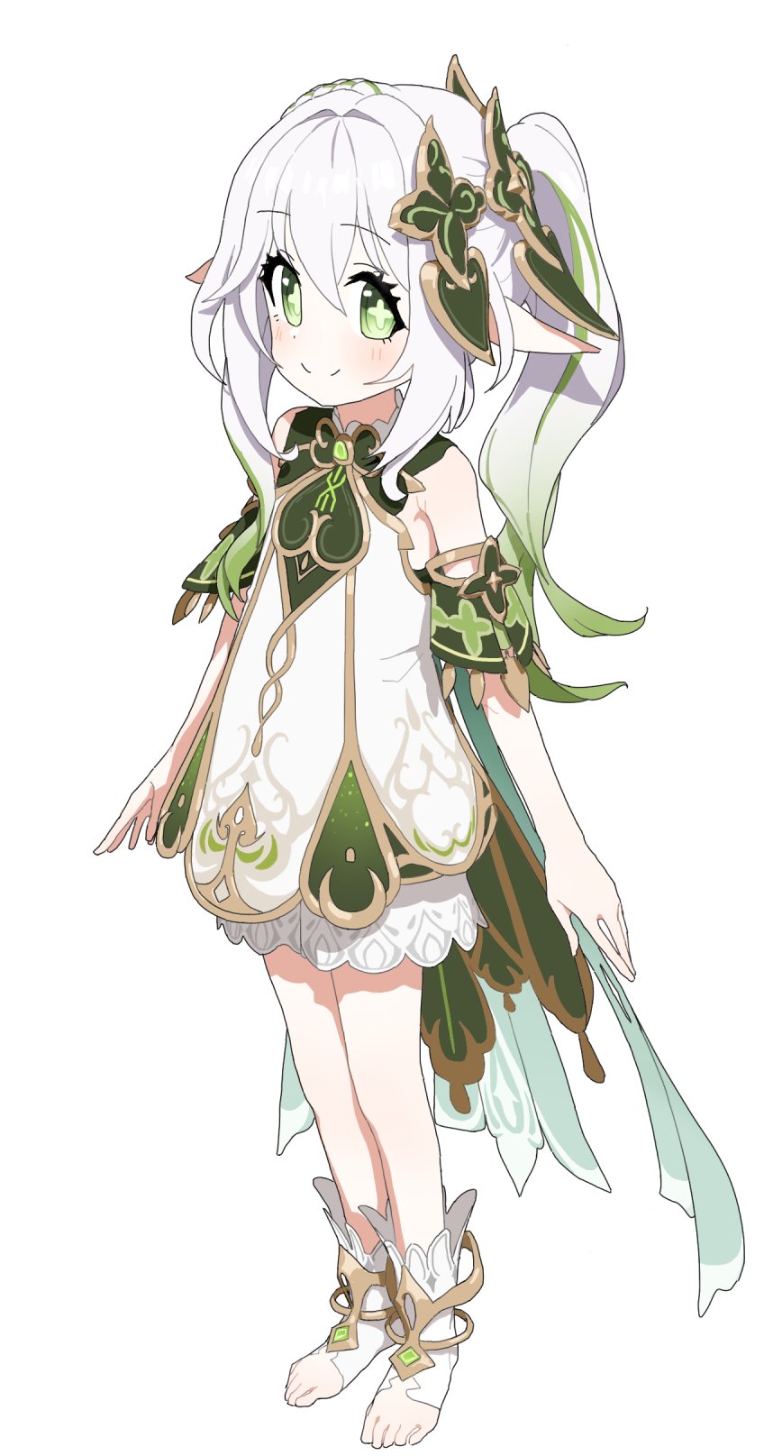 1girl azmira1534815 bloomers blush bracelet braid cape closed_mouth cross-shaped_pupils detached_sleeves dress full_body genshin_impact gold_trim gradient_hair green_cape green_eyes green_hair green_sleeves hair_ornament highres jewelry leaf_hair_ornament long_hair multicolored_hair nahida_(genshin_impact) pointy_ears side_braid side_ponytail simple_background smile solo stirrup_footwear streaked_hair symbol-shaped_pupils white_background white_bloomers white_dress white_footwear white_hair