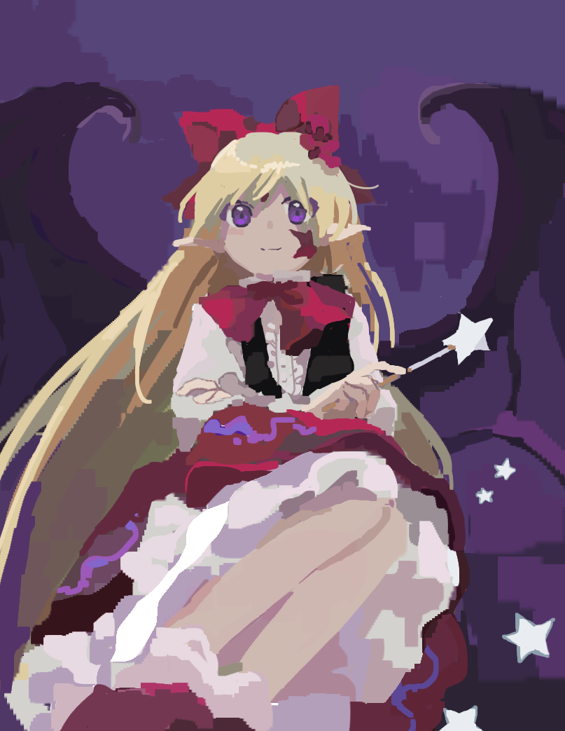 1girl bat_wings black_vest blonde_hair center_frills closed_mouth commentary_request elis_(touhou) flat_chest flower frills hair_flower hair_ornament hair_ribbon holding holding_wand kaigen_1025 long_hair long_sleeves neck_ribbon open_clothes open_vest petticoat pointy_ears red_flower red_footwear red_ribbon red_skirt ribbon shirt sketch skirt smile socks solo star_(symbol) star_wand touhou touhou_(pc-98) vest violet_eyes wand white_shirt white_socks wings