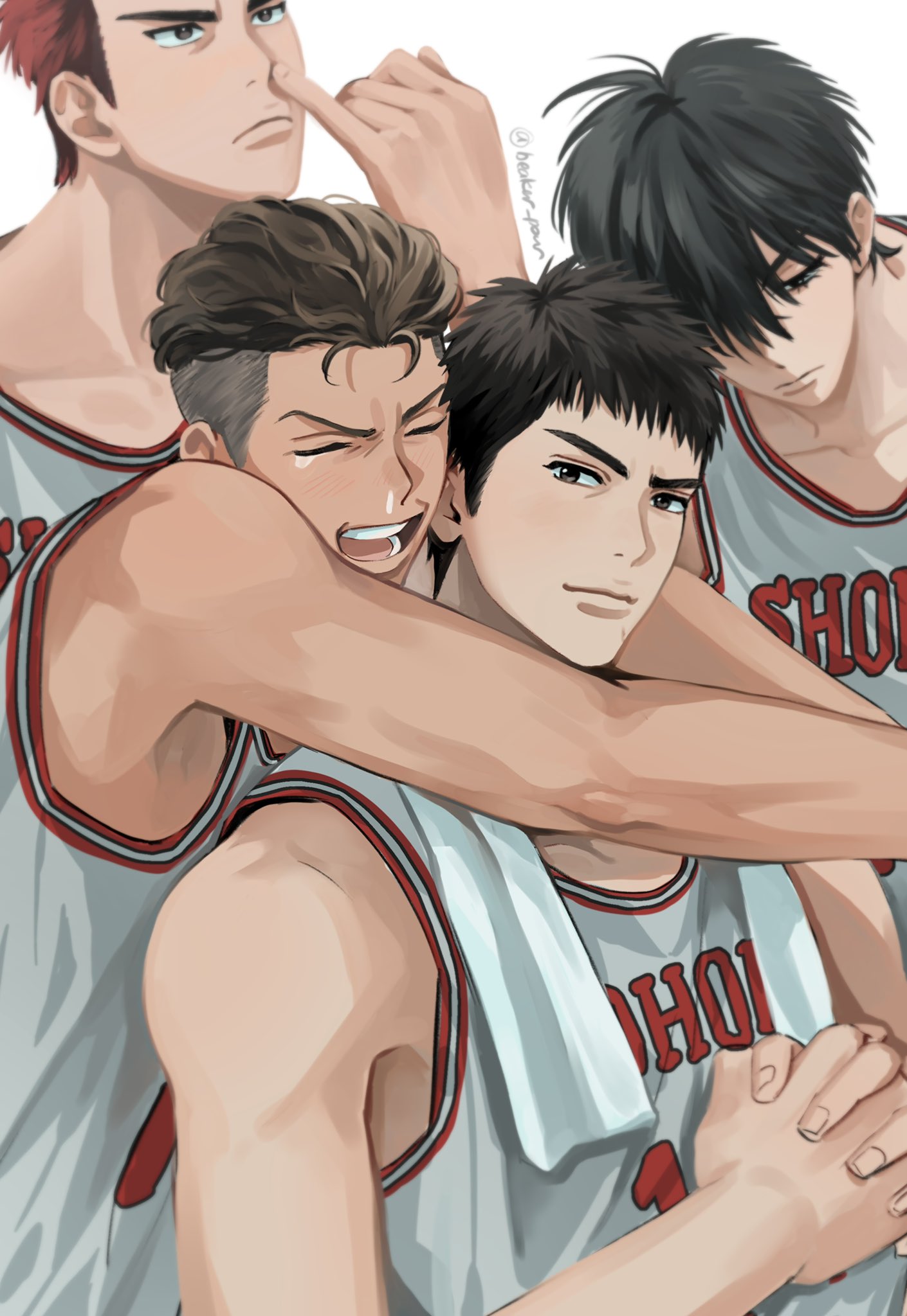 4boys arms_around_neck basketball_jersey basketball_uniform beaker_pour black_eyes black_hair brown_eyes brown_hair buzz_cut closed_eyes closed_mouth dark-skinned_male dark_skin earrings highres hug hug_from_behind jacket jewelry looking_at_viewer male_focus mitsui_hisashi miyagi_ryouta multiple_boys nose_picking open_clothes open_jacket own_hands_clasped own_hands_together redhead rukawa_kaede sakuragi_hanamichi scar scar_on_chin scar_on_face short_hair simple_background slam_dunk_(series) snot_trail sportswear stud_earrings tank_top tearing_up toned toned_male towel towel_around_neck undercut upper_body very_short_hair wavy_hair white_background white_tank_top white_towel