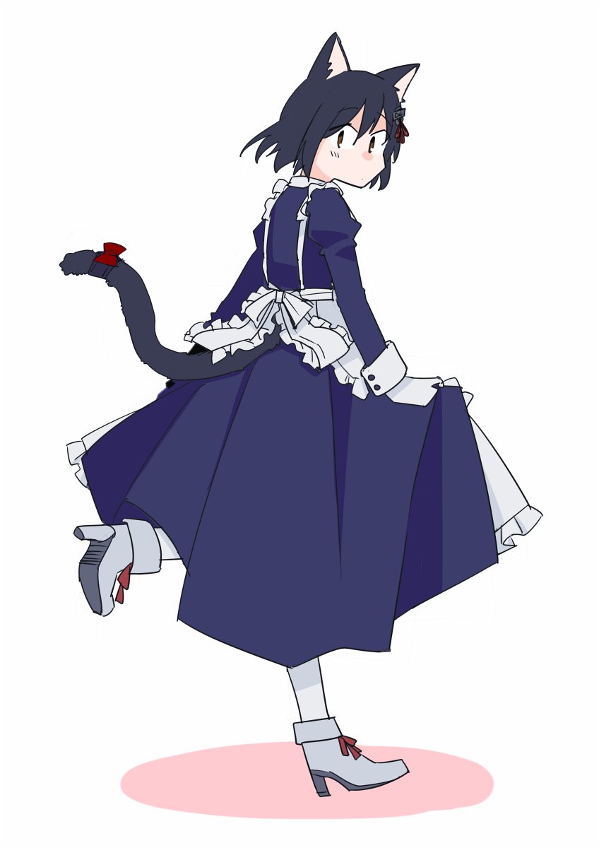 1girl animal_ears apron black_hair bow cat_ears cat_girl cat_tail closed_mouth dress frilled_apron frills gloves grey_footwear haguro_(kancolle) hair_between_eyes hair_ornament highres kantai_collection kemonomimi_mode leg_up long_sleeves mido006 panties pantyhose red_bow short_hair simple_background skirt_hold solo tail tail_bow tail_ornament underwear white_gloves white_panties