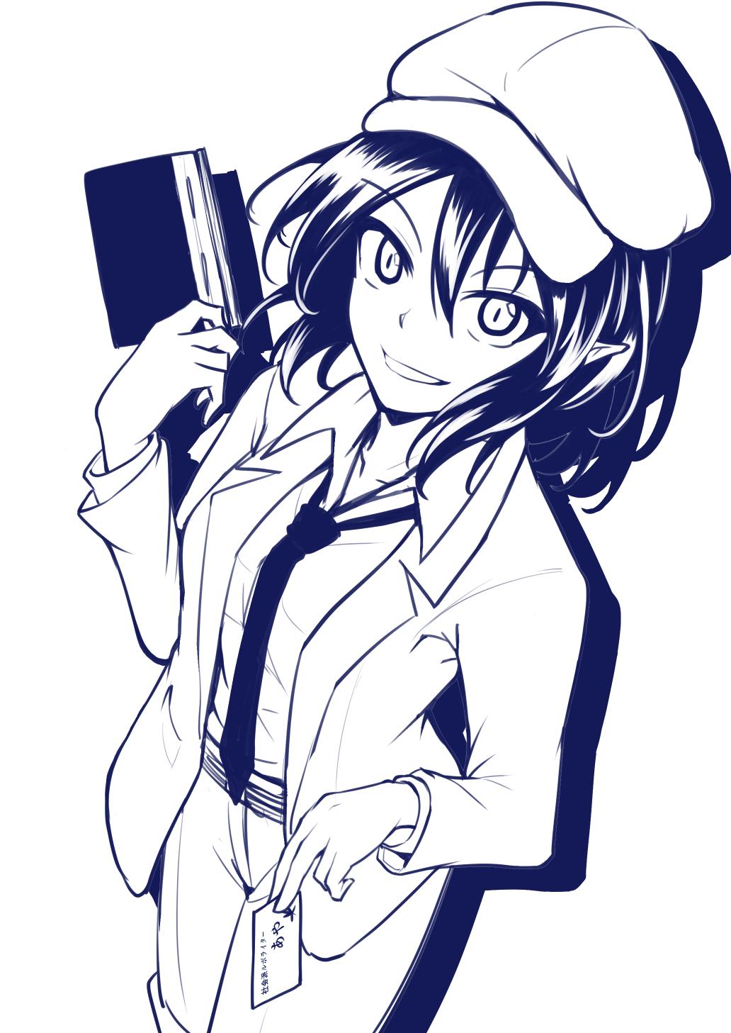 1girl ashiroku_(miracle_hinacle) cabbie_hat card collared_shirt commentary_request flat_cap from_above hat highres holding holding_card holding_notebook id_card jacket medium_hair monochrome necktie notebook open_clothes open_jacket parted_lips pointy_ears shameimaru_aya shameimaru_aya_(newsboy) shirt shorts simple_background solo touhou v-shaped_eyebrows white_background