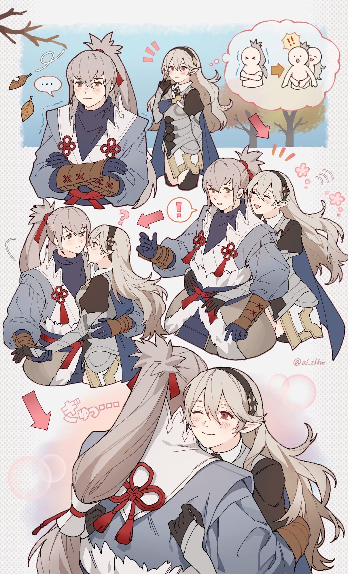 ! !! &gt;_&lt; ... 1boy 1girl ? ai_tkkm armor arrow_(symbol) artist_name autumn_leaves black_hairband blue_gloves blush branch brown_eyes closed_eyes closed_mouth commentary_request corrin_(female)_(fire_emblem) corrin_(fire_emblem) crossed_arms double-parted_bangs falling_leaves fire_emblem fire_emblem_fates flower gloves grey_hair hairband hetero highres holding_hands hug leaf long_bangs long_hair notice_lines one_eye_closed open_mouth pointy_ears ponytail red_eyes smile takumi_(fire_emblem) thought_bubble translation_request twitter_username
